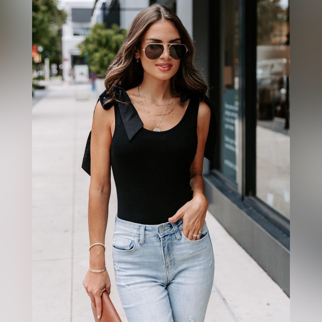 La Lavon Vici Black Grace Knit Ribbon Shoulder Tie Top